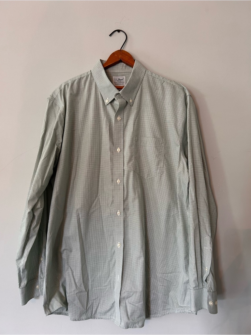 LL Bean Mens L REG Green‎ White Gingham Check Traditional Fit Shirt Long Sleeve